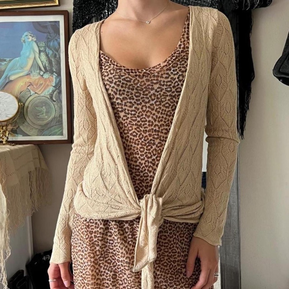 Belldini Gold Sparkly Front Tie Long Sleeve Bolero Cardigan Y2K Medium
